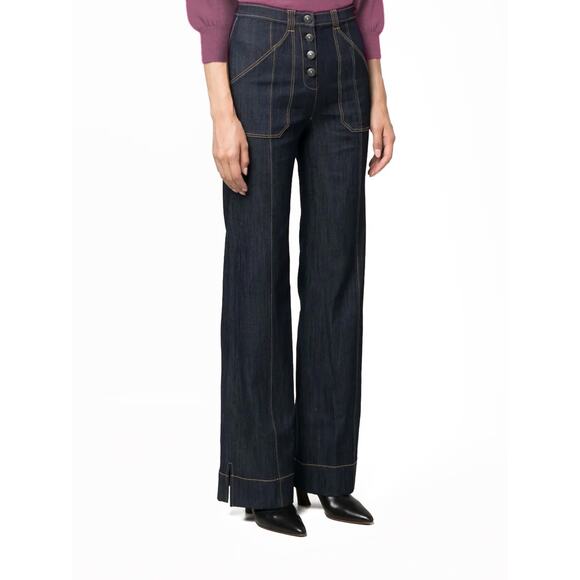 Cinq A Sept Long Benji Pant Indigo Denim Button Fly Straight Leg Size Small 4 - Picture 1 of 7